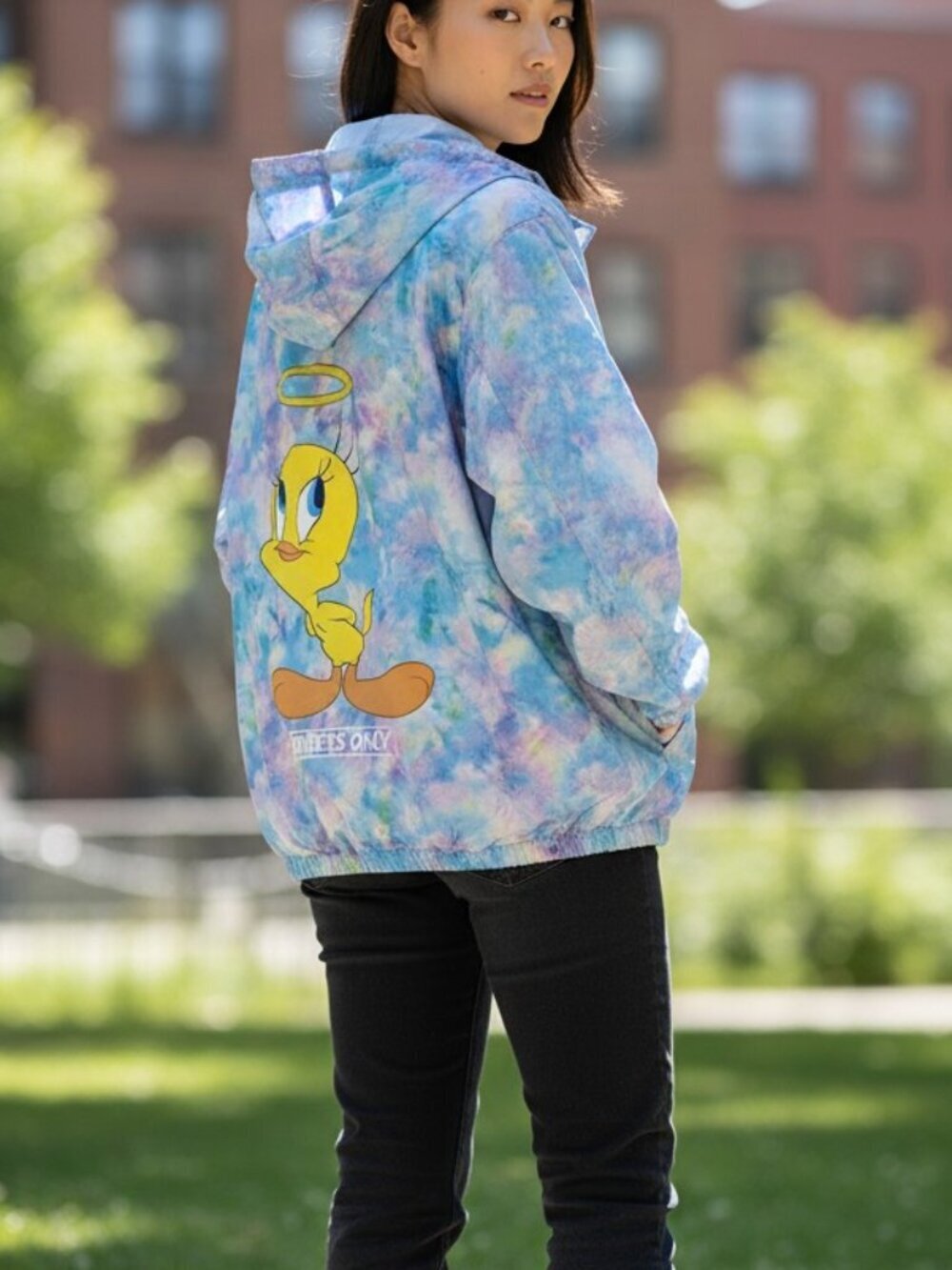 Tweety Bird Tie Dye Windbreaker Looney Tunes Members Only Hood Jacket L